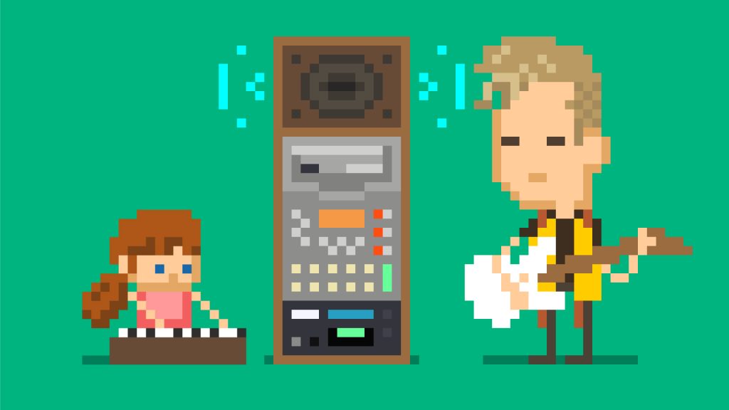Pixel art of a little synthesiser girl and a guitarist rocking out