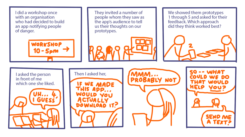 A short comic about a "solutioning workshop" in which a client told us the best solution was one we were not offering