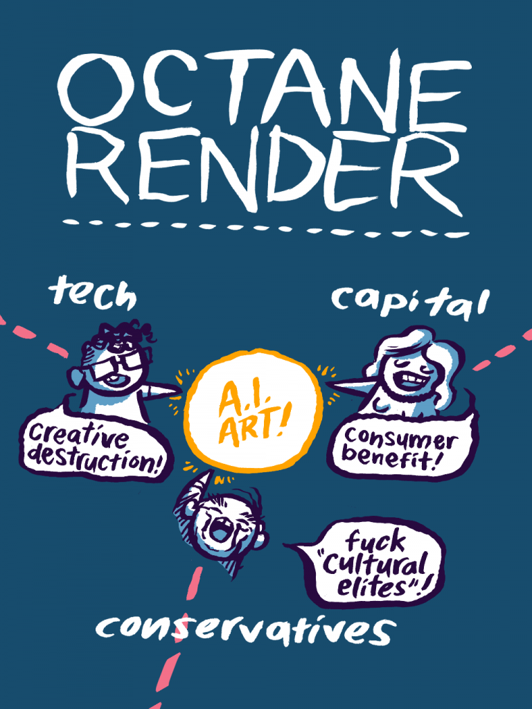 Cover image for comic called Octane Render, showing A.I. art as the nexus of technologists, capital and conservative politics