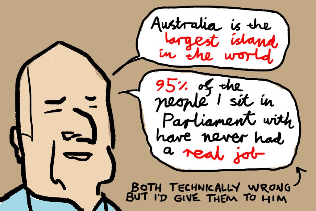 Drawing of the two truest things Fraser Anning said that day: "Australia is the largest island in the world" and "95% of the people I sit in Parliament with have never had a real job"