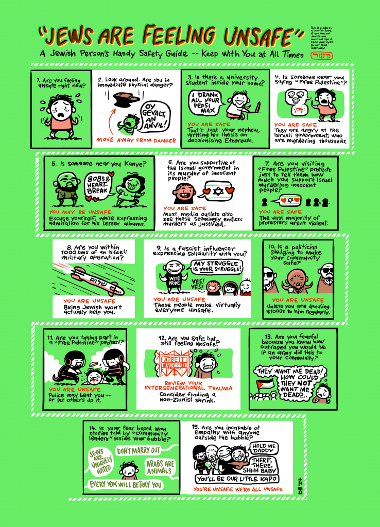 15 panel comic on a green background about Israel and Palestine called "Jews Are Feeling Unsafe"