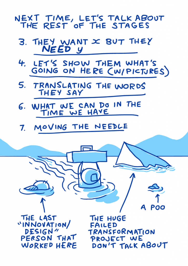 What Is Service Design (chapter 0), page 8. We've run out of room in the booklet so there is a drawing of a designer wading through a river past the corpse of the last designer employed here, the huge failed transformation project we don't talk about, and a poo.